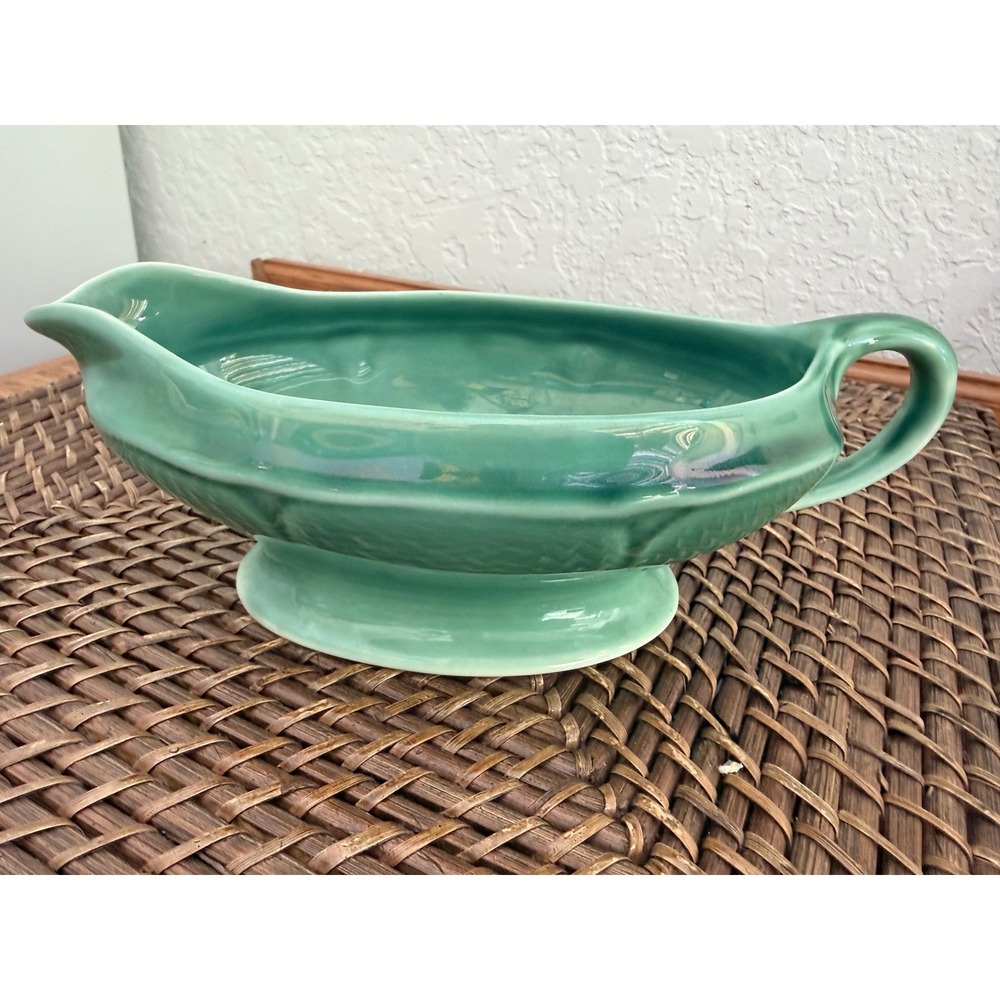 Vintage Green Ceramic Gravy Boat Footed Sauce Pitcher Iridescent Glaze Teal
